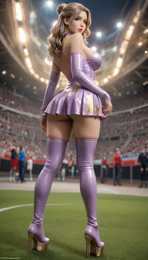 (masterpiece, detail face, 22 yo girl, (light purple latex bodysuit, thigh high platform stiletto high heel boots, golden sole), big breasts, intricate sequin and gold thread, jewels print), (stand, bend over), pleated skirt hold up by hand to show the ass, braided updo wavy hair, rear and side view, soccer_field, (reiq style:.6), .