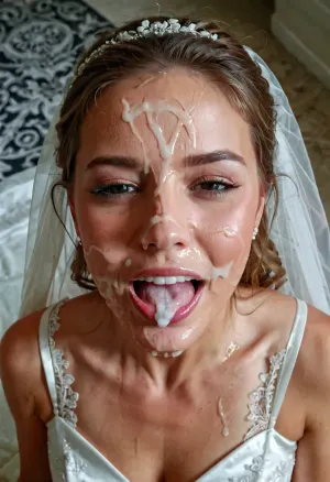 3/4 body shot of happy woman wearing wedding dress with cum on her forehead, facial, <lora:Facials:.5>, open mouth, (cum in mouth:1.3), <lora:JustCum:.5>