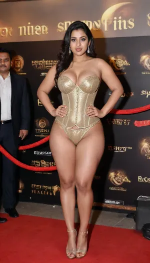 25 years old young beautiful shy indian bengali heroine perfect curvy figure, prominent face, enormous busty boobs, deep cleavage, deep round bellybutton, clean shaved pussy, wide thick bimbo lips, smoky drunk eyes, eligant look, golden jewellery wearing tight strapless corset and a silk tiny very short mini Micro tight transparent shorts with side opened and high pencil heels, standing in a crowded Red carpet show