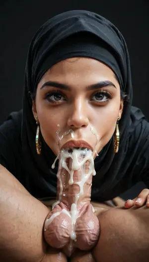 muslima with black hijab, (69 position:1.4), wide hips, black background, blowjob, deepthroat, (detailed mouth), enjoying, eyes open, looking at viewer, tiny earrings, full lips, throat blowjob, throat bulge, huge cock, 20 inch penis, big testicles, she touches his testicles, (stretches the throat:1), drewl, ballsdeep, throated, squeezing his balls, cumshot, cum explosion in mouth, leaking excessive cum, excessive cum on testicles, excessive cum dripping from penis, excessive cum on face.