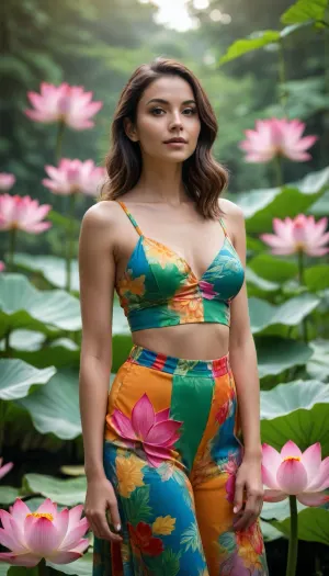 A woman poses in a vibrant, colorful outfit amidst a serene natural setting, surrounded by large lotus flowers and green leaves.

The image is a medium close-up, focusing primarily on the upper body of the model while including elements of the surrounding nature to provide context.