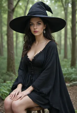 (masterpiece), perfect anatomy, intricate, (highly detailed), masterpiece, photorealistic, cinematic lighting, shading, super detailed skin, (beautiful detailed eyes:1.3), best quality, ultra-detailed, (illustration), expressive eyes, perfect face, 1 woman, witch, Oversized dark velvet robe and hat, black cat, black hair, deepl blue eyes, cute tall, (Enchanted forest background), sitting on toadstool