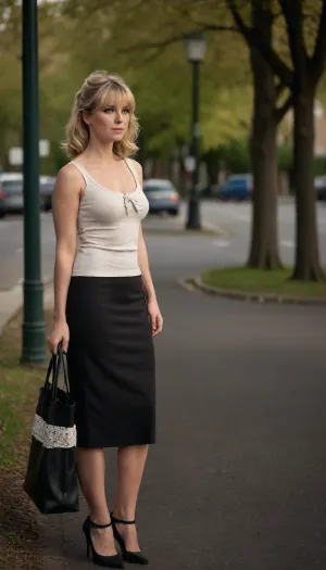 full body view, A secret vue of a totally normal and natural woman approximately 40yo, curvy body, serene and natural, beautiful and gracefully aged, she is standing in deep thoughts waiting for the bus, it is summer and she is dressed classy and chique, her hair in a make-shift clamp-hairdo behind her head, bangs combed back and a few stray tendril hairs, slightly freckled, high cheekbones, Scandinavian everyday beautiful wife, laid-back pumps and out of age lingerie, muscular legs, tank top, second-hand tote over her shoulder, tall and slender, elegant, blonde hair, subtle bow-shaped lips, detailed eyes, look to the viewer, distant gaze contemplating, zoomed in hires photo, voyeur photo, sunny afternoon, springtime, trees starting to blossom, ac_neg1