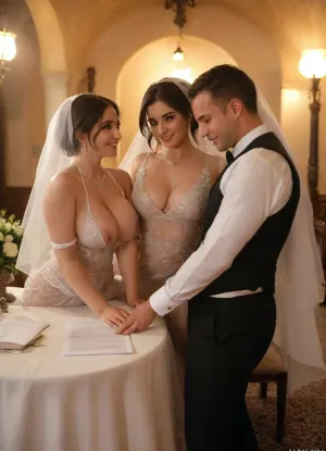 (The groom is holding one clean, blank page of the contract up toward the camera — the paper is well-lit, perfectly clear, empty, and centered in the frame), ., ((weak loser cuckold slave husband in suit happy)), . super saggy tits, busty. An Iranian super sexy slut bride and groom in the center of a crowded room full of smiling, joyful men, wearing formal suits, standing around them, celebrating. The bride and groom are sitting at a table, both signing a contract together., . The groom looks slightly nervous or uncertain, while the bride appears confident, calm, and slightly mysterious. The bride is wearing a glamorous, elegant, modern Persian wedding dress — form-fitting, stylish, with shimmering details and jewelry. The atmosphere is energetic yet tense, filled with emotion and complexity. Cinematic lighting, photorealistic, ultra-detailed, high realism, storytelling composition, dramatic group scene. BadX, sexy, wedding, diaphanous, dress, <lora:add-detail-xl:1>, <lora:sexy wedding dress XL:.6>, <lora:MJ52:1.1>, <lora:xl_diaphanous_dress-1.0:1.1>