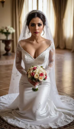 An super busty slut Iranian bride with heavy Arabic-style makeup, glamorous and seductive, standing confidently in a powerful pose. She wears an extremely attractive, tight-fitting, luxurious wedding dress, (white, shiny, elegant, sexy), . She is holding a completely blank white paper directly toward the camera — the paper is well-lit and clearly visible. In front of her, the groom is kneeling on the ground, looking weak, defeated, and emotionally broken. His posture is low and submissive, looking down or slightly up toward her. Cinematic lighting, photorealistic, emotional contrast, dramatic atmosphere, storytelling image, high detail, 85mm lens.