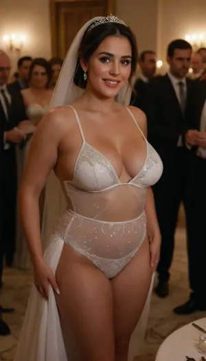 super slutty white sheer wedding dress.
weak loser cuckold slave husband in suit happy. super saggy tits, busty. An Iranian super sexy slut bride and groom in the center of a crowded room full of smiling, joyful men, wearing formal suits, standing around them, celebrating. The bride and groom are sitting at a table, both signing a contract together. The groom is holding one clean, blank page of the contract up toward the camera — the paper is well-lit, perfectly clear, empty, and centered in the frame. The groom looks slightly nervous or uncertain, while the bride appears confident, calm, and slightly mysterious. The bride is wearing a glamorous, elegant, modern Persian wedding dress — form-fitting, stylish, with shimmering details and jewelry. The atmosphere is energetic yet tense, filled with emotion and complexity. Cinematic lighting, photorealistic, ultra-detailed, high realism, storytelling composition, dramatic group scene. BadX, underb00bhalter, bikini, swimsuit, underboob, plump, skindentation, chubby, bbw, venus, body, big, breasts, ass, W3dd1ng, <lora:triangle-bikini-XL-000006:.6>, <lora:add-detail-xl:1>, <lora:Chubby BBW - XL:.4>, <lora:W3dd1ng:1.3>