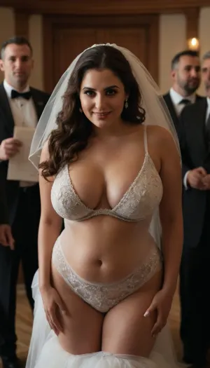 super slutty white sheer wedding dress. huge busty tits.
weak loser cuckold slave husband in suit happy. super saggy tits, busty. An Iranian super sexy slut bride and groom in the center of a crowded room full of smiling, joyful men, wearing formal suits, standing around them, celebrating. The bride and groom are sitting at a table, both signing a contract together. The groom is holding one clean, blank page of the contract up toward the camera — the paper is well-lit, perfectly clear, empty, and centered in the frame. The groom looks slightly nervous or uncertain, while the bride appears confident, calm, and slightly mysterious. The bride is wearing a glamorous, elegant, modern Persian wedding dress — form-fitting, stylish, with shimmering details and jewelry. The atmosphere is energetic yet tense, filled with emotion and complexity. Cinematic lighting, photorealistic, ultra-detailed, high realism, storytelling composition, dramatic group scene. BadX, underb00bhalter, bikini, swimsuit, underboob, plump, skindentation, chubby, bbw, venus, body, big, breasts, ass, W3dd1ng, <lora:triangle-bikini-XL-000006:.6>, <lora:add-detail-xl:1>, <lora:Chubby BBW - XL:.4>, <lora:W3dd1ng:1.3>