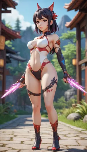 Video game character design, 1 girl, full body, teasing, dynamic pose, exotic costume design, tight, revealing, wide hips, long legs, slim body, fit, abs, video game graphics, 3d design, 3d graphic, 3d anime, cartoon, Anime, zenless zone zero graphics style, genshin impact graphics style, stylized shader, 3d anime videogame shader, perfect hands, stylized, very detailed, detailxl, Enma, Ai, <lora:JigokuShoujo_XL_v2:1.1>