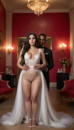 memorable wedding photo, 1 stunning Iranian bride with a curvy and gorgeous body, long dark hair, radiant skin in a deeply cut V-neck lace wedding gown with sheer tulle, exuding powerful and seductive dominance, 1 weak Iranian groom with a frail frame and sunken eyes in a loose black suit, standing submissively with a humiliated expression, visibly mocked by his wife, 1 muscular Senegalese friend with chiseled abs and deep ebony skin in a sleek tuxedo, standing tall beside them, vibrant wedding decor with red and gold accents, dramatic lighting, ultra-detailed, best quality, photorealistic style, emphasizing the bride’s strength and the groom’s humiliation, no distortions