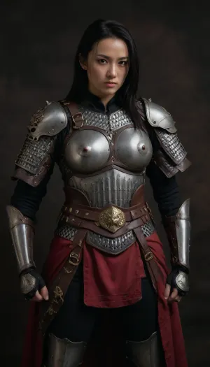 woman, warrior, fit and athletic, long black hair, tattoos, spiked pauldrons, (shoulder armor), leather tactical harness, thick leather belt with pouches, metal collar, armored high leather boots, gauntlets, (armored gloves), segmented plate armor, (chest and limbs), worn leather elements, tactical wrist bracer, solid dark background, medieval fantasy with modern tactical elements, detailed armor, sharp focus, Chinese_armor, Qinjia, Menggujia, QXjia, <lora:Qige中国甲胄(Chinese_armor)SDXL_v1.0:.8>, HXARMOUR, <lora:HXarmour_010XL:.8>, breasts, cutout, clothing, nipples, <lora:2BoutOvalSDXL2-000002:.8>