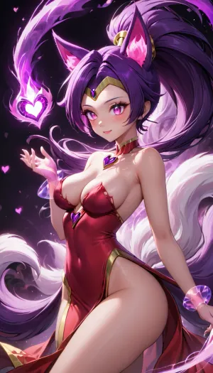 Shantae X Ahri fusion. Shantae fused with Ahri from League of Legends, Dark Purple Hair Hair, Ponytail, Tiara, Fox Tails, Fox Ears, Ripped Korean Dress, Revealing Breasts, Glowing Purple eyes, Slender Body, Medium Breasts, Perfect eyes, Perfect Hands, Seductive Expression, Sexy Pose, Solo_Focus, Love Temple Background, Pink Heart, (((Fox Tails:1.2))), (((Revealing Breasts:1.2))), Side View, Glowing Pink Magic in hands