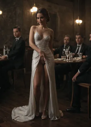 (Milf masturbating in front of group of men in a luxurious restaurant), expensive interior, dramatic lighting, erotic atmosphere, long dark red hair, elegant intricate tight evening dress, small breasts, slim figure, legs spread, swollen open pussy, full body in frame, extreme squirting, high detail fluids, glistening skin, flushed expression, intense eye contact, seductive smile, seductive body language, fingering, piss spraying, multiple men seated at tables, formal suits, watching her, voyeurism, high class setting, soft golden ambient light, cinematic glow, erotic elegance, detailed textures, photorealistic, high-res render, sexual dominance, public exhibition, confident posture, flushed cheeks, luxurious background, moody contrast, ambient shadows, ultra wet, horny milf, surrounded by aroused men, supermodel, dark, theme, <lora:dark:.8>, <lora:SDXLHighDetail_v6-000005:.8>