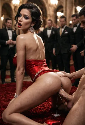 (reporters fucking milf at a gala), red carpet, night, luxurious indoor gala location, dramatic erotic scene, soft dramatic lighting, elegant ambiance, slim mature woman with B cup breasts, short back-tied black hair, expensive ornate short dress, tight bodycon fabric, lifted hem, full body in frame, pussy exposed, (vaginal sex:1.3), doggy sex, deep penetration, view from side, high detail skin texture, realistic vaginal detail, flushed skin, eye contact, woman moaning, makeup slightly ruined, elegant jewelry, cumshot, multiple men, gangbang implication, cinematic lighting, photorealistic, ultra high detail, 8k style render, bokeh background, intense facial expressions, erotic chaos, lustful atmosphere, indoor red carpet sex, public humiliation flair, slutty elegance, elite scandal vibe, slutty gala queen, dark, theme, <lora:dark:1>, <lora:SDXLHighDetail_v6-000005:1>