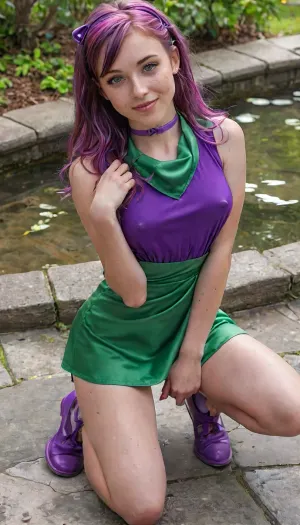 long distance view, full body view, beautiful 18-year-old woman, from above, kneeling on the floor by a reflecting pool, medium natural breasts, hard nipples, slim gymnastic fitness body wet body, lots of freckles face and skin, blush on cheeks and nose, very happy smile, hypnotized loving eyes, orange and purple hair, loving look in to the eyes, (purple hair ribbon, green neckerchief, short purple and green dress, purple shoes), (green eyes), braless, Wearing, clothes, that, make, sense, with, Braless>, <lora:MJ52:1>, <lora:bralessSDXL_v1_00022:.8>