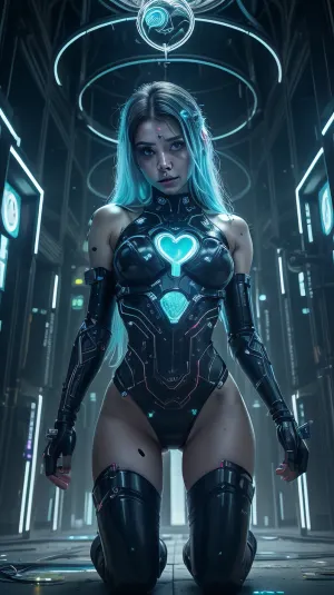 ---

👁‍🗨 3.1 – “The Veil of Glass”

Styl, Cyberpunk + mystika + dystopie
Barevná paleta, Černobílý svět s azurově modrými digitálními vzory
Téma, Technologické orákulum, ztracená bohyně dat


---

🎨 Prompt, (EN), Inside a towering cyber-temple carved from obsidian and fractured mirrors, a lone female oracle kneels atop a floating glass platform. Her body is sculpted in black and white tones, soft light playing across the artificial curves of her spine and face. Wires flow from her back like hair, wrapping around the temple pillars like living vines.

Only one element glows with color, the intricate azur-blue data tattoos crawling along her skin in glowing runes, forming a cybernetic veil across her eyes. Around her, thousands of broken holograms flicker — forgotten identities, echoing prayers in corrupted code.

The architecture looms overhead in impossible shapes, dripping with neon moisture. Somewhere deep in the temple, an old server heart pulses like a ritual drum.


---

🔑 Key Details, Post-human oracle connected to AI divinity

Black & white body + only azure tattoos & data veil glow

Setting, temple of broken mirrors, glowing ruins, neon mist

Themes, identity loss, techno-spirituality, forgotten memory

Mood, silent, reverent, ominous



---


---