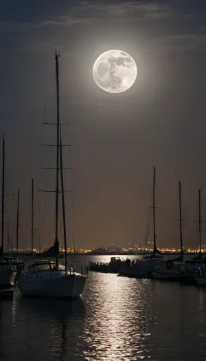 The night silhouette of the city was captured by a professional camera from the bay. The night lights accentuate the silhouettes of skyscrapers against the cloudless night sky, and the huge gray moon is partially hidden by shadows. A lone sailing yacht is moored to the marina. On the pier, a naked girl stands in front of everyone, illuminated by the moonlight
