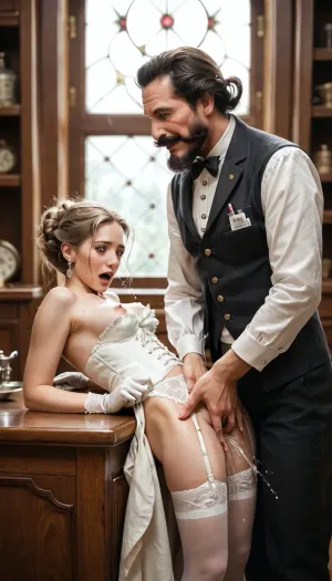 Two persons, a 19th century old serious male doctor, moustache, beard, whiskers, white gloves, in Black pants and Black vest, standing, in victorian doctor's cabinet, leaning and fingering a Cute 20 year old virgin's pussy, tied up hair, in white corset white and stockings with garter belt, Moaning, lying on a table on tablecloth, giving her a squirting, (squirt:1), orgasm, side view, faces far apart