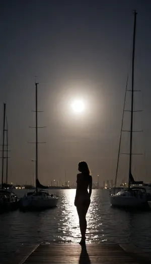 The night silhouette of the city was captured by a professional camera from the bay. The night lights accentuate the silhouettes of skyscrapers against the cloudless night sky, and the huge gray moon is partially hidden by shadows. A lone sailing yacht is moored to the marina. On the pier, a naked girl stands in front of everyone, illuminated by the moonlight