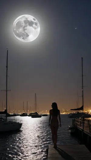 The night silhouette of the city was captured by a professional camera from the bay. The night lights accentuate the silhouettes of skyscrapers against the cloudless night sky, and the huge gray moon is partially hidden by shadows. A lone sailing yacht is moored to the marina. On the pier, a naked girl stands in front of everyone, illuminated by the moonlight