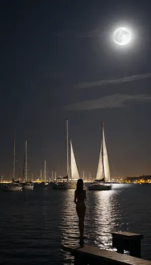 The night silhouette of the city was captured by a professional camera from the bay. The night lights accentuate the silhouettes of skyscrapers against the cloudless night sky, and the huge gray moon is partially hidden by shadows. A lone sailing yacht is moored to the marina. On the pier, a naked girl stands in front of everyone, illuminated by the moonlight