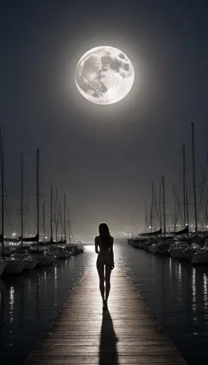 The night silhouette of the city was captured by a professional camera from the bay. The night lights accentuate the silhouettes of skyscrapers against the cloudless night sky, and the huge gray moon is partially hidden by shadows. A lone sailing yacht is moored to the marina. On the pier, a naked girl stands in front of everyone, illuminated by the moonlight