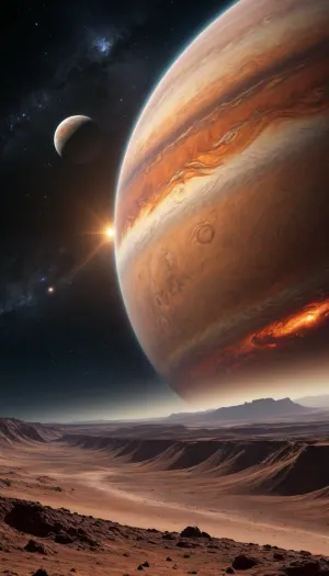 A realistic space landscape of a distant exoplanet, space phenomena in the sky, fantastic views, Saturn's rings in the sky, galaxy, Mars rising from behind Jupiter, milky way, craters on the surface