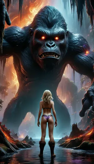 a lone figure standing before an enormous creature’s eye, which dominates the entire scene, The eye is a massive, otherworldly orb, with intricate details of scales, folds, and veins surrounding it. The iris is a mesmerizing blend of fiery orange, blue, and purple hues, with a sharp vertical slit for a pupil. Reflected in the eye, a silhouette of the small figure stands in awe, emphasizing the immense scale of the creature., (huge big giant head from solo king-kong far in the background:1.7), BREAK, Cinematic photo of a stunning blonde woman as a sexy tarzan in the front, a woman half naked in the jungle, (girl in front standing on the highest tree of the forest with u huge distance to the horizont:1.5), power pose, detailed skin texture, (blush:.5), (goosebumps:.5), subsurface scattering, (huge round boobs:1.3), (cameltoe), (round huge ass:1.3), (ultra slim waist:1.6), young face, (realistic sweat skin), sexy expression, cum dripping from pussy, (high resolution:1), (extreme detail:1.3), ((HDRI:1.4)), (ultra realism:1.4), (maximum detailed skin:1.4), (((narrow waist))), DonM3v1lM4dn355XL, <lora:MJ52:.7>, <lora:DonM3v1lM4dn355XL-v1.1-000012:.3>, <lora:mythsxl:.2>, <lora:Creat0r_MagicDetailzV2_FIX:.6>, <lora:FF-WoMM-XL-FA-v0208-TE:2>