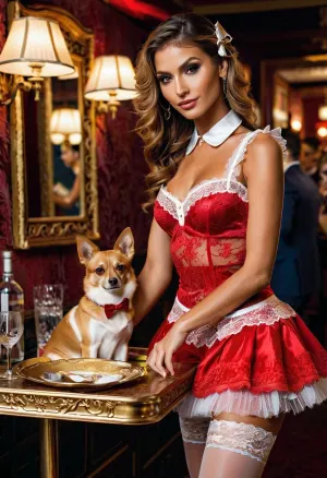 Raw photo, 8k uhd, high quality, high resolution, ultra-detailed, professional photography, photorealism, realistic, beautiful sexy skinny tall supermodel girl, intricate colourful lace waitress microdress with gold embroidery, fluffy lace tutu, dog collar, lace stockings with bows, smooth pussy, beautiful face, (slut smirk), hairstyle with white bows, seductive face, makeup, night sex club bar, ((tray in hands))