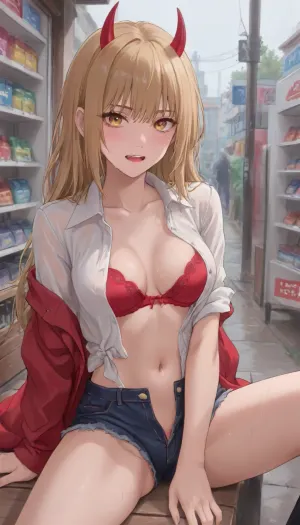 The anime character "Chainsaw" Power is a young girl with blonde hair, whose long hair reaches the middle of her back. She has light red devil-like horns sticking out of the top of her head, red and yellow cross-shaped eyes, and sharp teeth with well-defined fangs. She's wearing an ordinary shirt with two slightly unbuttoned buttons, a push-up bra that accentuates her breasts, short shorts that stick into her vagina, a beautiful, neat vagina, sitting on a bench in the rain, all wet, next to a Japanese-style store., <lora:outline_xl_kohaku_delta_spv5x:1.3>, <lora:NEOTOKIOXL_0.2_RC:.7>, <lora:Ppolar-P3v1-NbVp10:.7>, <lora:one breast out XL:2>, <lora:cartoon_stickers_xl_v1:.5>