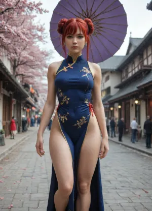 nude Anime illustration of Kagura from Gintama, full-body shot, jumping mid-action with a fierce expression. She wears her signature bright blue Chinese-style qipao dress with gold trim, red accents, and a high slit. Her long, flowing orange-red hair is tied in two large buns with red ribbons, and loose strands frame her face. She holds her giant purple umbrella weapon above her shoulder, poised to strike. Background, Neo-Edo street scene with cherry blossoms, traditional wooden buildings, and distant futuristic towers. Dynamic pose, wind effects lifting her hair and dress. Style, Vibrant colors, sharp lines, detailed shading, cinematic lighting, Gintama anime aesthetic. Highly detailed, 8K resolution.