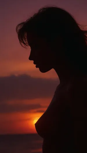 ziprealism, score_8_up, score_9, (profile, silhouette, backlighting, Chiaroscuro:1.5), (medium closeup shot, rule of thirds:1.2), (sharp focus, high saturation, high contrast), (90s esthetics, vaporwave sunset color palette:1.4), (beautiful woman, nude study, feminine seduction, confidence, poise, passionate, sexy pose), (long hair), (ocean sunset:1.2), <lora:add-detail-xl:.8>, igbaddie, <lora:igbaddie-XL:.2>