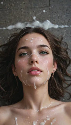 A woman lying in the middle of a street wearing only mud cloth, she is in a puddle of cum, her body and face are covered in cum.
She looks tired but happy, she licks the ground covered in cum, cum on lips, cum on, (cum flow:1.9), (cum on body:1.7), cum on hair, (cum on face:1.9), by, covered in cum, d overpowering, cum dump