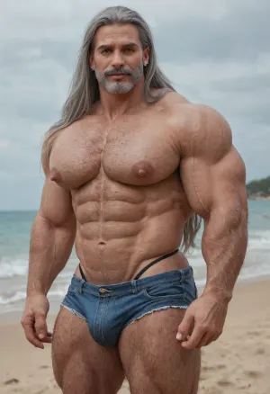 denim mini shorts, black thong, daisy dukes, extremely denim shorts, bulge, huge, Sexy, sexual daddy man is beautiful, cinematic style, Beefy old daddy, 60-years-old, big muscles, big pecs, big bulge, big booty, gray hairy body, full gray beard, big thick gray mustache, long gray hair, (long hair:1.4), (big pecs:1.3), (big ass:1.5), (hairy body:1.5), old daddy, (beefy daddy:1.5), only gay male, solo, hot teasing picture, sunny street, beach
