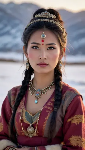 A beautiful slender adult Bhutanese woman in traditional clothing, jewelry and war paint across a snow-covered pasture plateau, yak, holding, She has a pretty coquettish faded face, elaborate hairstyle, small breasts, detailed crystal eyes, light glowing irises, heartshaped lips, lip gloss, aroused skin, she exhales, sunset, long shadows, ground fog, native and cold mood, detailed photo, photorealistic photo, realistic pretty women photo, night vision, soft fokus, parallax, overexposure, #©KITTYART




































#©KITTYART