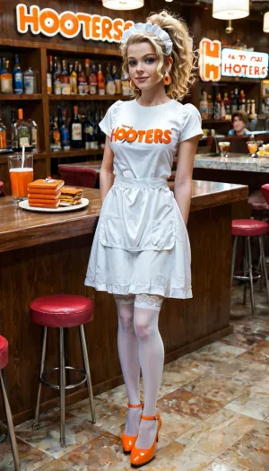annabeth chase, (from the Percy Jackson), books, blue eyes, blonde hair, messy hair, curly hair, crude ponytail, hooters shirt, woman standing, restaurant, orange and white maid apron, orange lace garter belt, white stockings, orange high heels, full body view