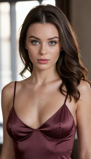 Medium shot, Lana Rhoades standing, full upper body visible, **Face**, Heart-shaped face, sharp jawline, prominent cheekbones, large almond eyes, (deep-set, dark brown with honey flecks), slight downturned outer corners, thick black lashes, full arched brows, straight nose with rounded tip, full lips, (defined Cupid's bow, rosy lower lip), small beauty mark above left eyebrow, natural olive skin with subtle freckles on nose, **Expression**, Confident half-smile, direct eye contact with viewer, relaxed forehead, **Hair**, Long dark brown waves, middle-parted, loose over shoulders, natural highlights, **Body**, Slender neck, visible collarbones, toned shoulders, arms relaxed at sides, **Attire**, Simple black silk slip dress, thin spaghetti straps, fabric catching soft light, **Lighting**, Soft window light, (golden hour), rim light outlining hair, gentle shadow under chin, **Composition**, Waist-up framing, shallow depth of field, (f/1.4), cinematic color grading, 35mm film grain, skin texture visible, Background, Blurred minimalist loft interior with concrete textures, moclanarhoades, <lora:MoCLanaRhoades_SDXL_v1.0c:.8>