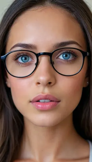 A 18 years old ebony female, long, straight bruenette hair, naked, (((round thin-rimmed glasses))), (((narrow low face))), young face, Super realistic, perfect lighting, (best shadow), 8K, clear image, (best lighting), highest quality, ultra-detailed images, fine details, high resolution, (skinny waist), (skinny), (18 years old), bright blue eyes, very detailed face, blush