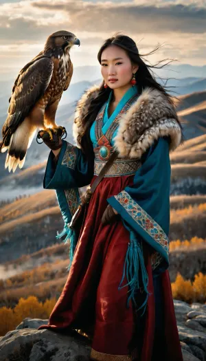 Incredibly realistic image, full colour image, full body view, 8K quality, ultra detailed, masterpiece, 19-year-old beautiful Mongolian girl, ((wearing traditional sexy Mongolian clothing of fur and silk)), ((she has a hunting hawk perched on her forearm, on a falconer's glove)), standing over a cliff in the mountains, ((the valley below swirling with mist))