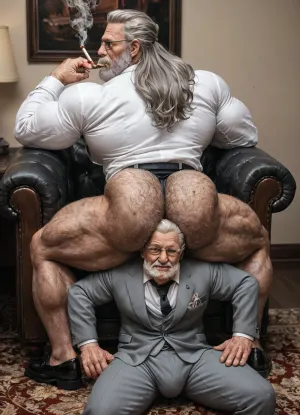 A beefy old daddy 60 years-old, big muscles, big pecs, big bulge, big booty, gray hairy body, full gray beard, big thick gray mustache, long gray hair, (long hair:1.4), (big pecs:1.3), (big ass:1.5), (hairy body:1.5), old daddy, (old beefy daddy:1.5), boss hot dilf wearing a skin tight formal business suit, 3 unbuttoned shirt, black shoes, tie, sit in his luxurious armchair, spred legs, luxurious office, big bulge pants, (big bulge:1.3), glasses, nice hairdress, smocking big cigare, (smoking cigare:1.4), pose with a young man, man knneling just at his feet, dominant boss, young man humiliation, respect veneration for the boss, only gay mens, hot scene, sexy gay men, gay only