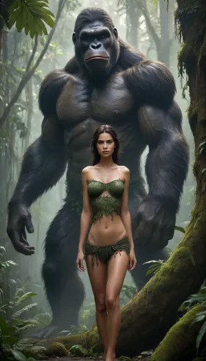 ✨ Prompt, Královna džungle a obr za ní

> A breathtakingly beautiful woman stands confidently in the heart of the jungle, her black hair flowing in the humid breeze. She wears a minimal, elegant jungle outfit made of soft, torn fabric and leaves, clinging to her athletic curves. Her sun-kissed skin glistens with subtle sweat and is detailed with soft blush and goosebumps.

She stands tall in a power pose on a mossy rock or tree root, surrounded by thick tropical foliage and shafts of golden light. Behind her, rising far into the misty sky, looms the massive silhouette of a giant — a mighty Kong-like creature with a solemn gaze. His enormous head and shoulders dominate the background, partially hidden by jungle fog and trees. The contrast between her feminine elegance and the beast’s titanic presence creates a mythical, cinematic atmosphere.

Style tags / modifiers, (luxurious jungle lighting), (detailed skin texture), (sweaty beauty), (feminine power), (giant Kong in background), (cinematic depth of field), (mythic contrast), (Tarzan queen), (hyperreal lighting), (lush jungle), (soft erotic tones), (HD, ultra detail), ---



---