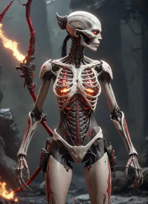 A female AI robot with gray-black hair and red eyes. Its body clearly shows the structure of the mechanical skeleton, parts, and organs of fluorescent technology. It attacks the velociraptor with a technological recurve bow in the crater.., niohxlguardiansprt, tocco, lingerie, <lora:niohxlguardiansprt-step00000420:2>, <lora:Takato_Yamamoto_Style:1>, <lora:SDXL-Tocco-bra:1>, <lora:345801_training_data:2>