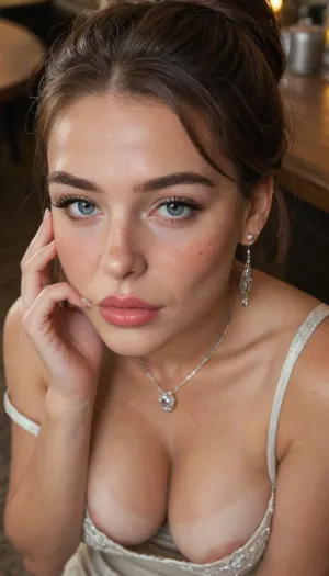 ziprealism, (score_9, score_8_up, 1girl), closeup shot, sharp focus, high saturation, high contrast, high angle, focus on eyes, perfect eyes, perfect hands, smokey makeup, long eyelashes, full lips, (elegant facial features, MILF, naughty stepmom:1.2), (natural breasts, pale breasts, cleavage, deep neckline dress, tan lines, nipple slip, romantic esthetic, romantic lakefront diner, romantic lighting, intimate moment:1.2), (hungry expression, lips parted, seductive pose, hand up, hand touching lips:1.5), (freckles, blushing, flushed face), (vibrant auburn hair, long updo hairstyle), igbaddie, <lora:igbaddie-XL:.4>, <lora:add-detail-xl:1.2>