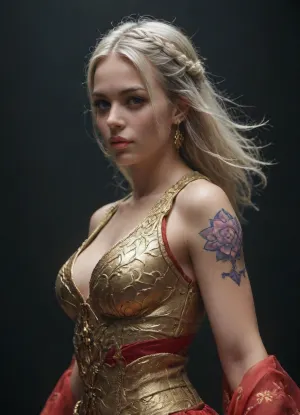 a stylized and elegant female fighter inspired by King of Fighters style, wearing a vibrant costume with traditional Mexican dress elements, infused with catrina symbolism, floral and bone-like gold armor details, long braided white hair, glowing violet eyes, tattooed face with decorative skull motifs, standing on a floating lotus flower, dynamic pose, fantasy warrior with mystical energy, purple and gold color palette, anime-style character design, mythmaker Irelia vibes, highly detailed, sharp cel-shaded anime lighting, ornate fabric textures, dramatic spotlight, dark background