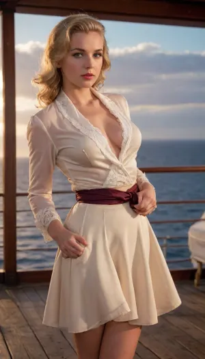 1940s, warm lightning, erotic, on deck of titanic, porno chic, subdued atmosphere, sunset lighning, beautiful elegant blond woman 20 year old, detailed eyes, (show tits), wearing an unbuttoned slim blazer with a fabric belt at the back, unbuttoned lace shirt, (show nipples), show nipples, elegant dress, a large silk scarf tied with large knot, (((windyskirtlift))), (((windyupskirt))), wind, lift, tug, elegant ankle boots, little woman's cloche hat, back view, woman undressing, show pussy, fingering, undressing, lace bra, upskirt, watching the sea, ((windyupskirt)), (((show pussy))), great, lighting, sunlight_str1, <lora:add-detail-xl:2>, <lora:great_lighting:2>, <lora:sunlight_str1-SDXL_v1-dim64-steps1691:2>