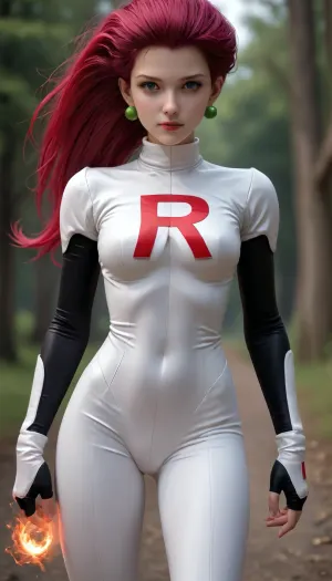 3d rendered, Jessie from Pokemon, hourglass shape body, full view, wearing team rocket outfit