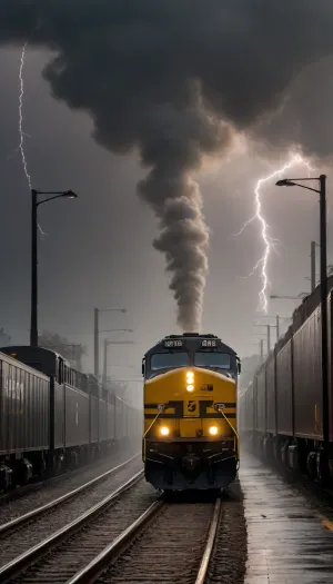 A freight train sorting station, the autumn grayness of drizzling rain, a dark sky full of black clouds, and a dim lantern barely illuminating the freight cars, smoke from exhaust, Lightning flashes far away, ((accidentally:2))
