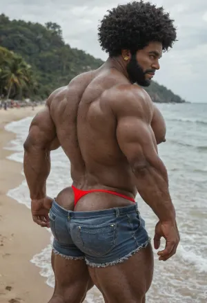 denim mini shorts, red thong, daisy dukes, extremely denim shorts, bulge, huge, Sexy, sexual black afro daddy man is beautiful, cinematic style, Beefy old black afro daddy, 60-years-old, big muscles, big pecs, big bulge, big booty, gray hairy body, full gray beard, big thick gray mustache, gray hair, (big pecs:1.3), (big ass:1.6), (gray hairy body:1.5), old daddy, (beefy daddy:1.5), dark black skin, only gay male, solo, hot teasing picture, sunny street, beach
