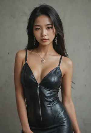 asian woman, long straight hair, dark asian skin, black leather dress, there is a real KEY on her necklace