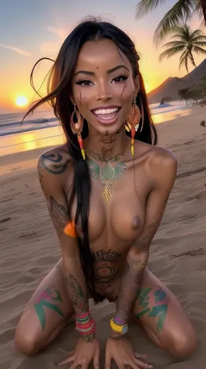 completely nude super forced perspective close up wide angle selfie photo of a perfect african playboy playmate pmoy on her knees facing camera, completely covered in colorful tribal tattoos, dazzling smile, extremely long waist length messy hair, sunset at a beach, volcano erupting, tiki torches everywhere, perfect pussy, perfect hands and feet, ahegao, face, pleasure, <lora:tonguedrop-d:.1>, <lora:weight_slider_v2:-1>