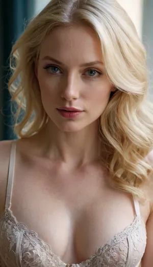 Young wife, Blond hair, pale skin, Balconnette bra